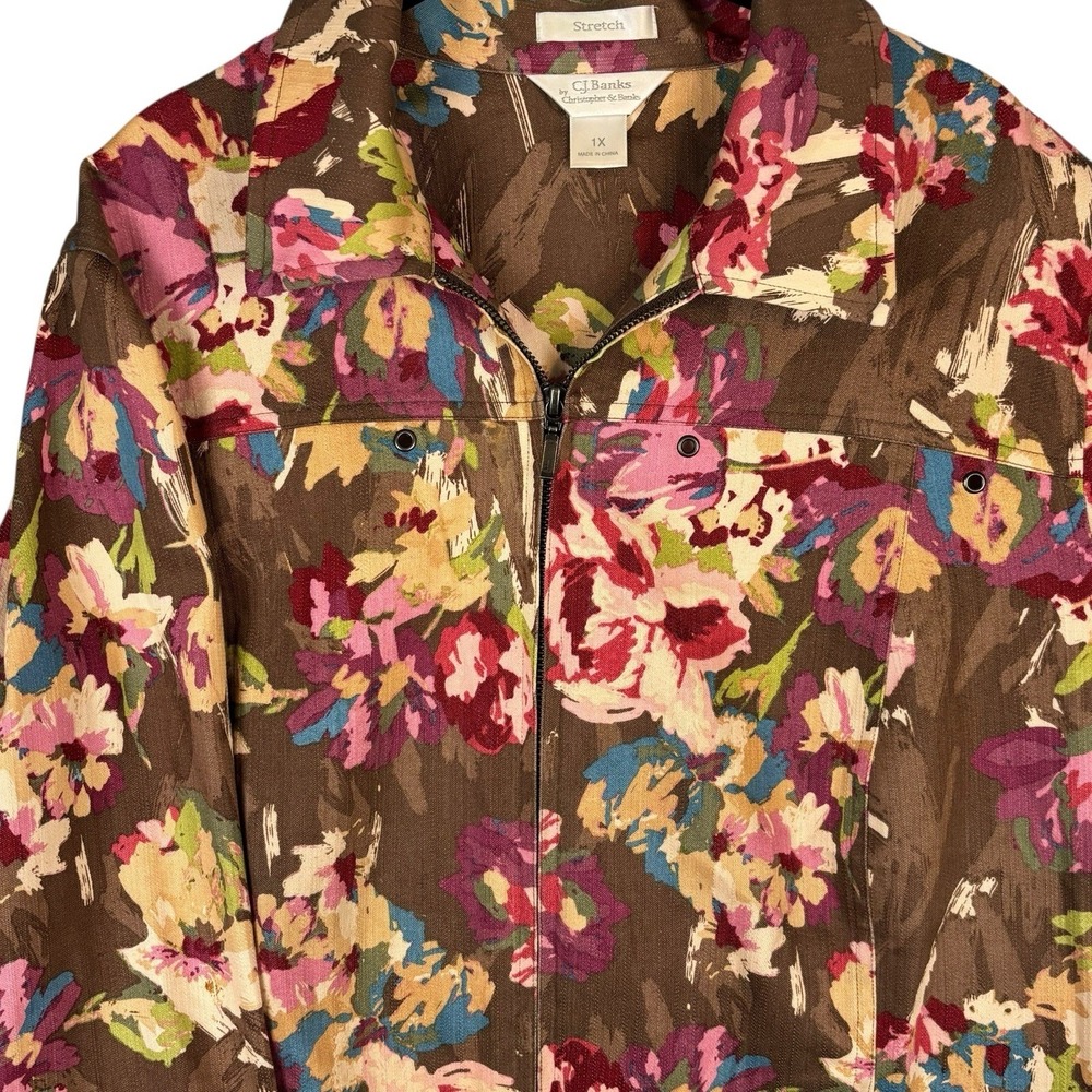 CJ Banks Womens Jacket Pink Brown Floral Stretch Zip Boho Cottage Core 1X Pocket